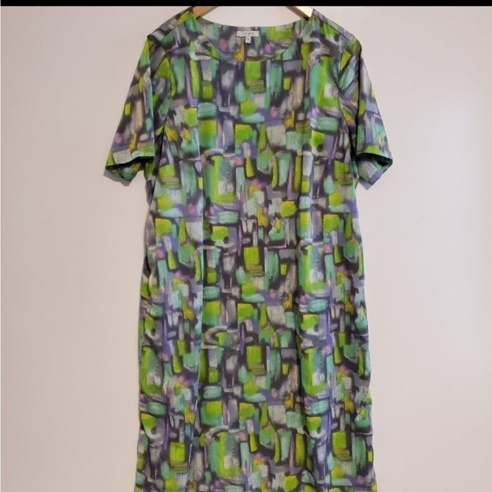 16 TRISTE WATERCOLOR short sleeve green purple fully lined WRINKLE FREE DRESS
